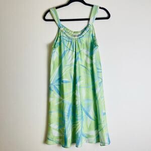 Oscar de la Renta Babydoll Dress Short Blue Green Leaf Print Flowy Beach size M